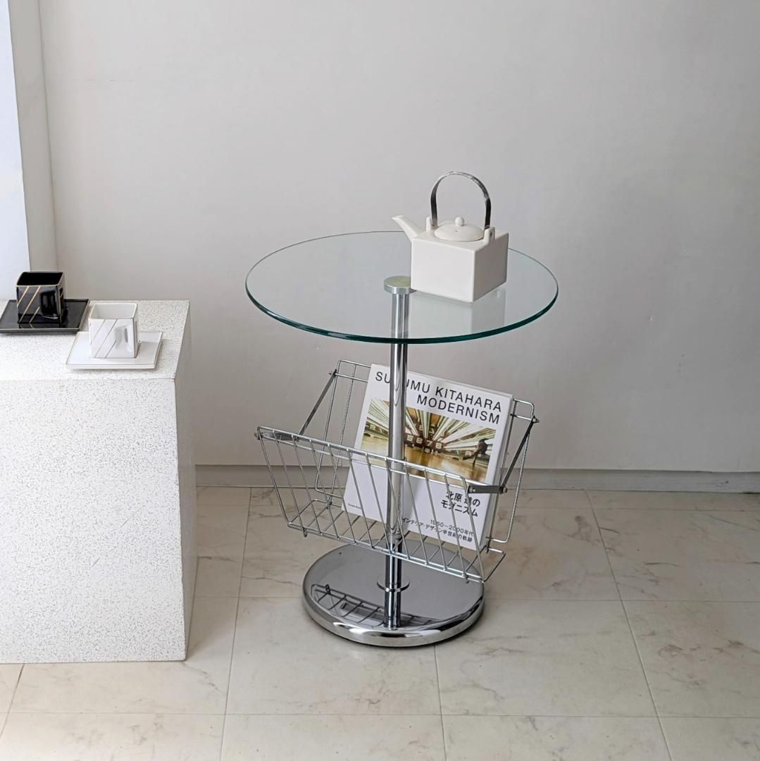ガラス×クローム サイドテーブル マガジンラック付き ビンテージ Y2K ポップ