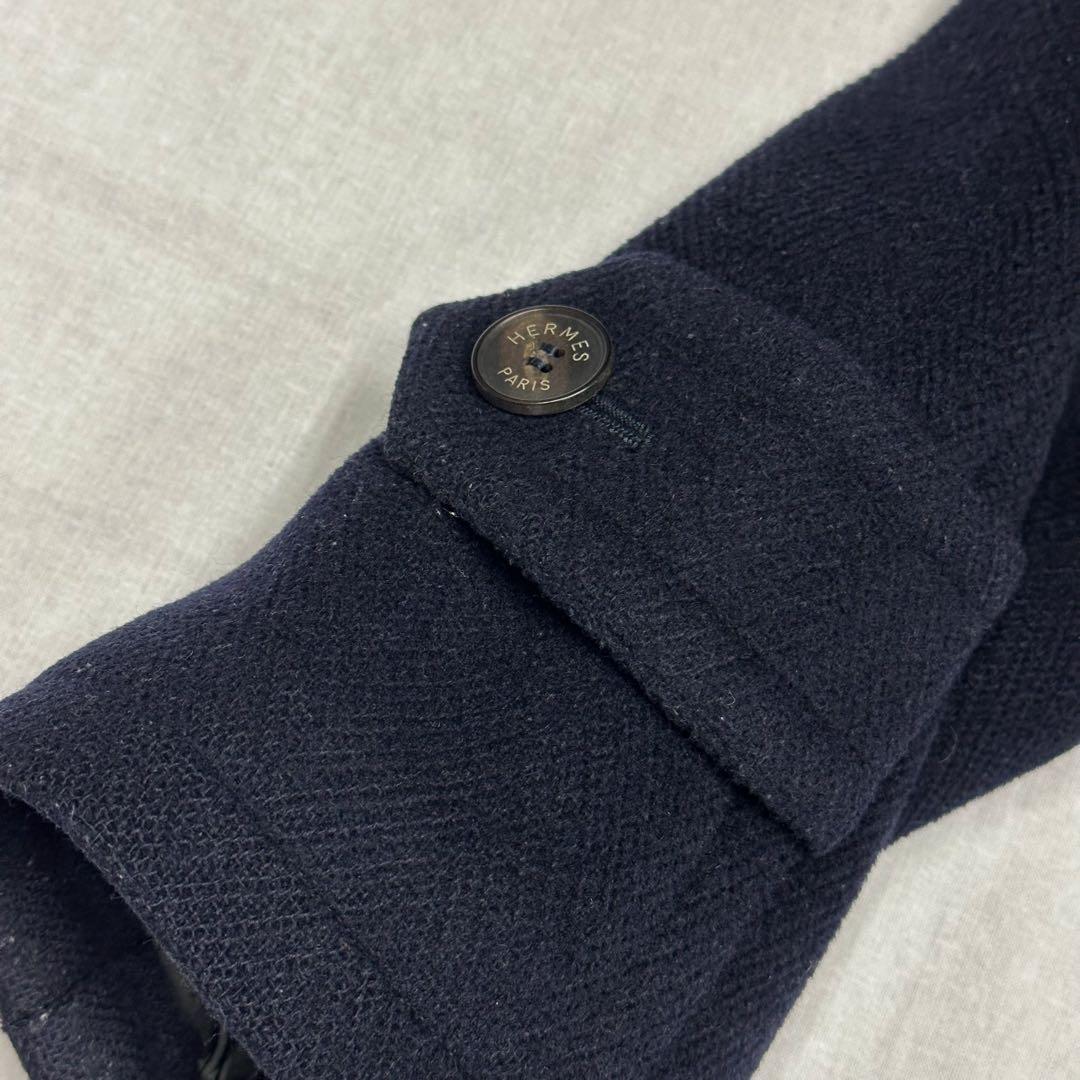 エルメス Lサイズ ダッフルコート ヘリンボーン ダークブルー フード脱着可能