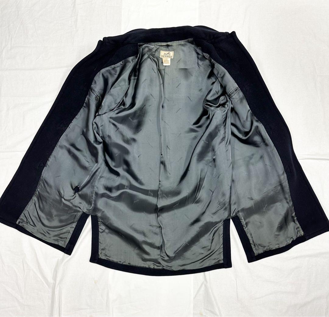 エルメス Lサイズ ダッフルコート ヘリンボーン ダークブルー フード脱着可能