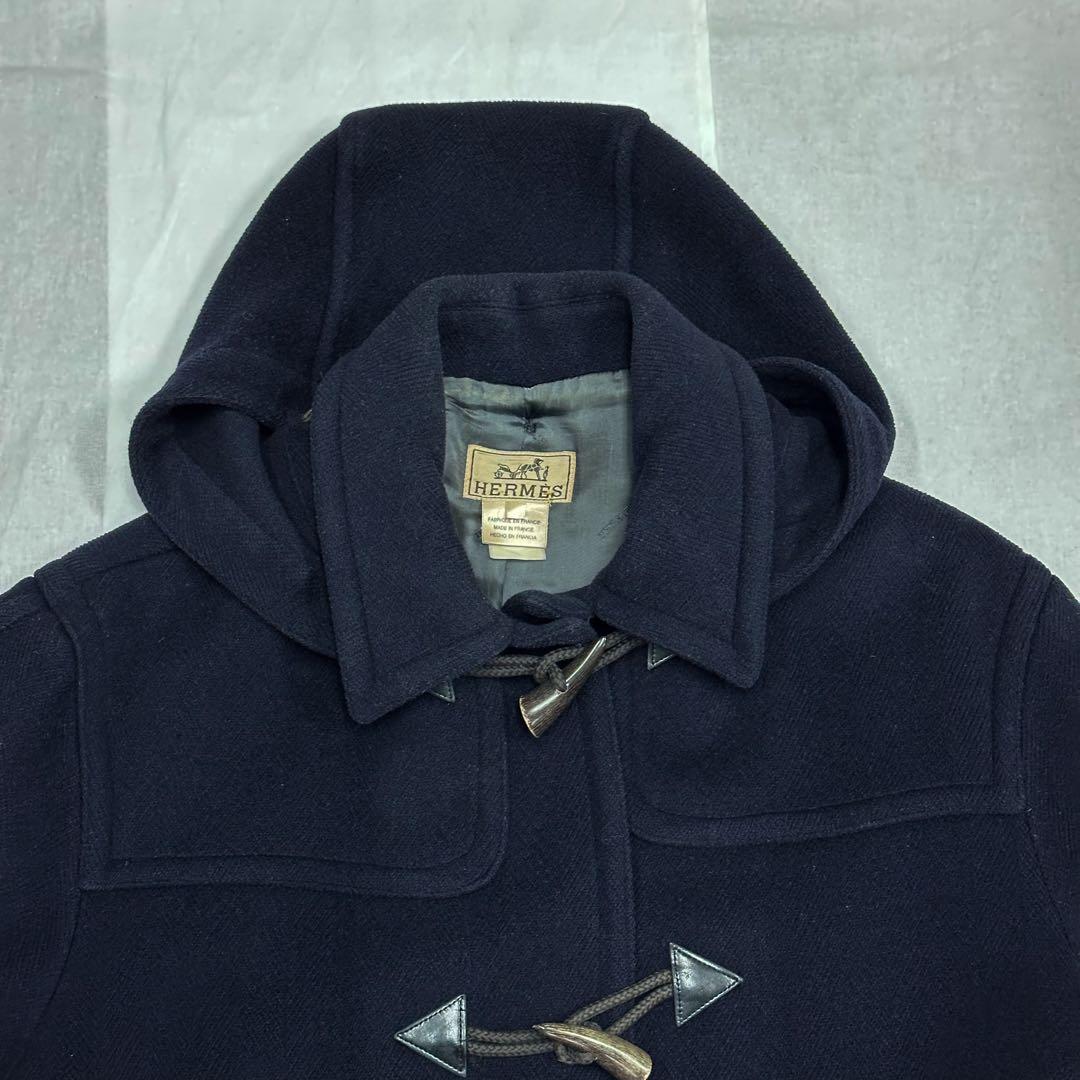 エルメス Lサイズ ダッフルコート ヘリンボーン ダークブルー フード脱着可能