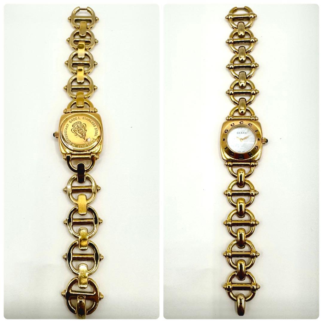 新品電池/稼働　グッチ　腕時計　シェル文字盤　6400L　バングルウォッチ　金