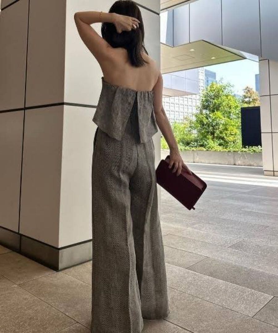 【新品未使用】anuans ヘリンボーンリネンベアワイドオールインワン グレー