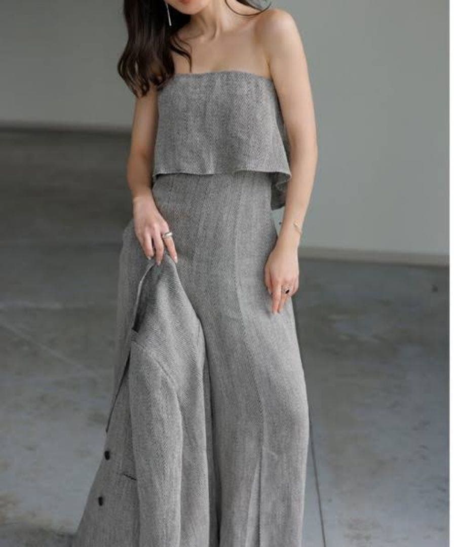 【新品未使用】anuans ヘリンボーンリネンベアワイドオールインワン グレー