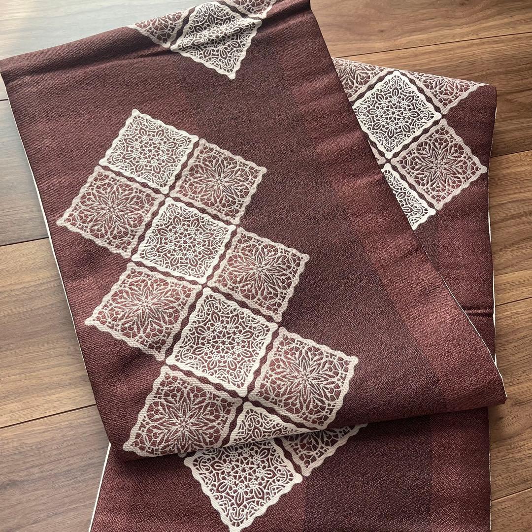 新品未使用◆京袋帯 焦赤茶色 スクエアレース模様