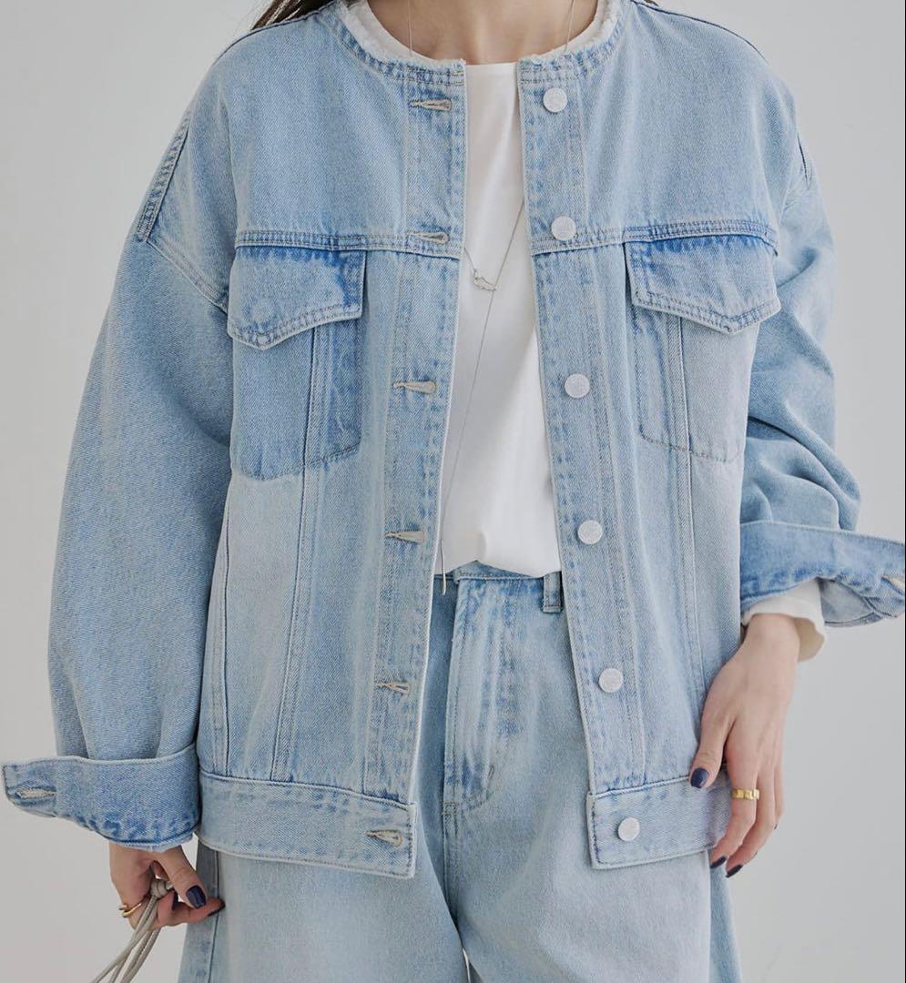 美品 ピュアルセシン デニム ノーカラー ジャケット