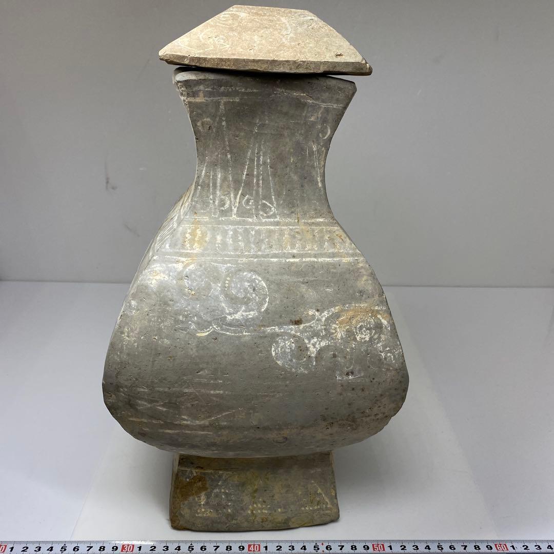 専用中国漢時代　灰陶蓋付　加彩方壷　高さ39.7㎝　タエサカ　東な7-0301②