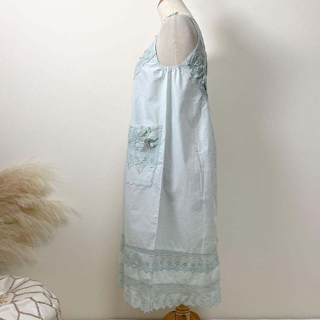 さえら Hischrone エプロン ブルー 薄水色 レース フラワー お花