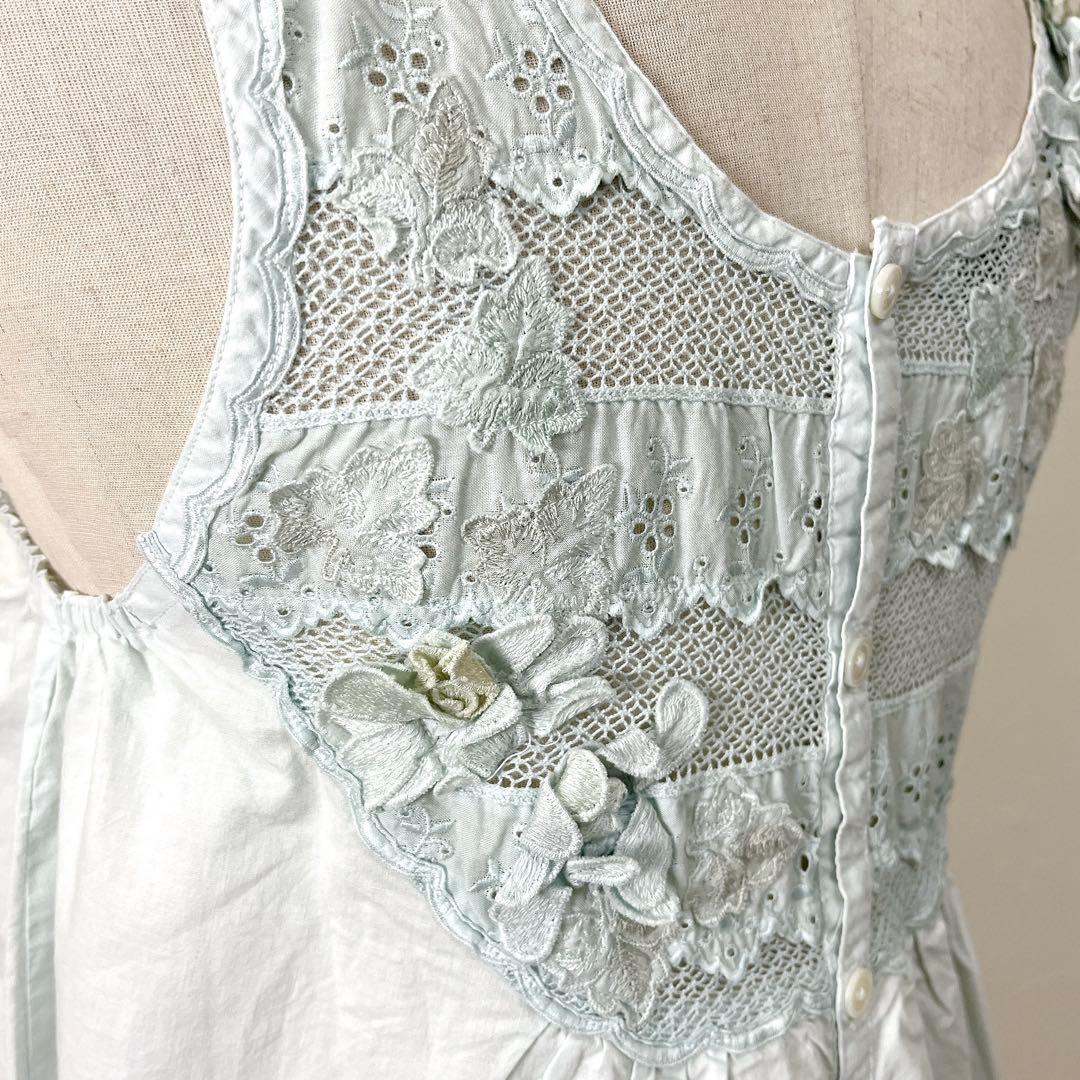 さえら Hischrone エプロン ブルー 薄水色 レース フラワー お花