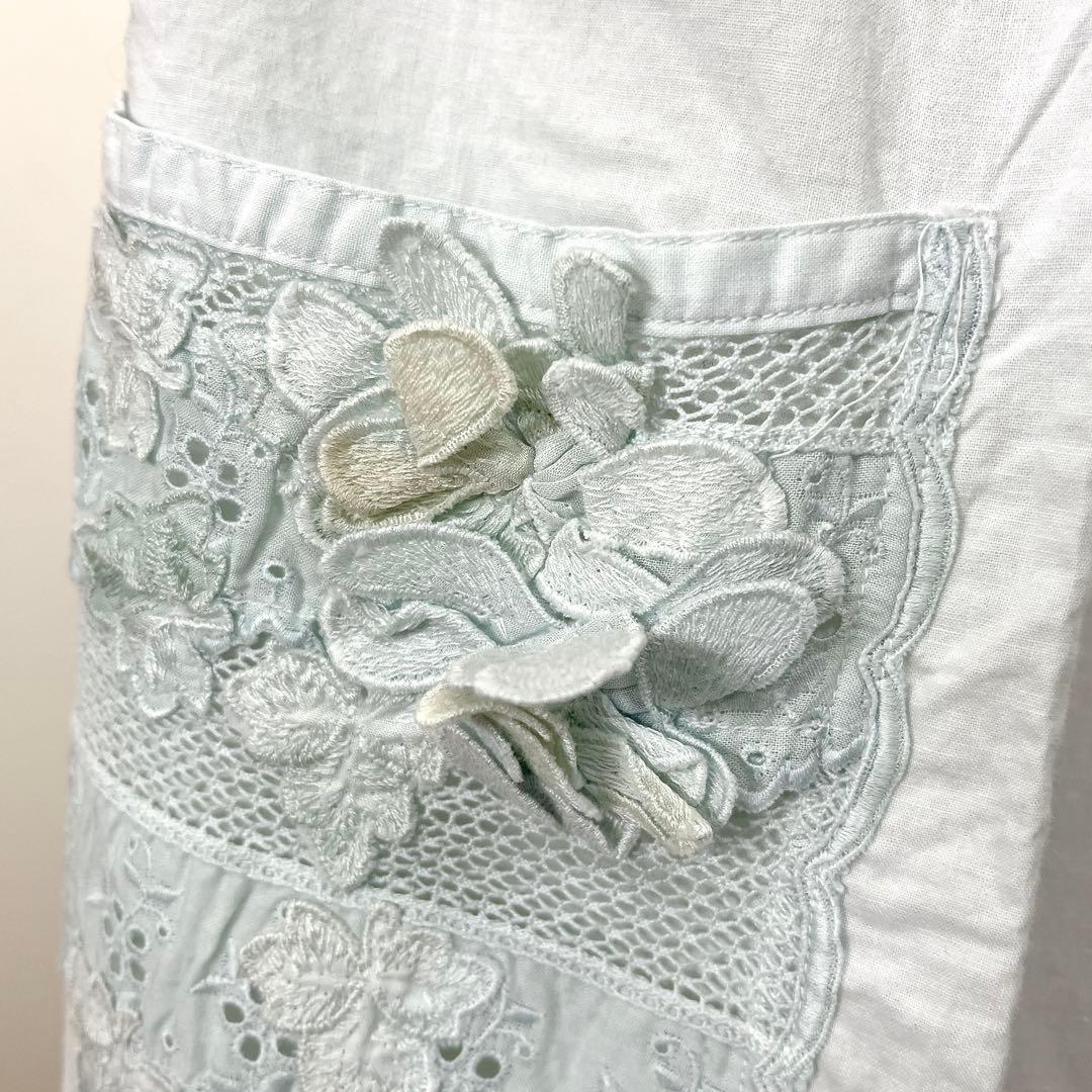 さえら Hischrone エプロン ブルー 薄水色 レース フラワー お花