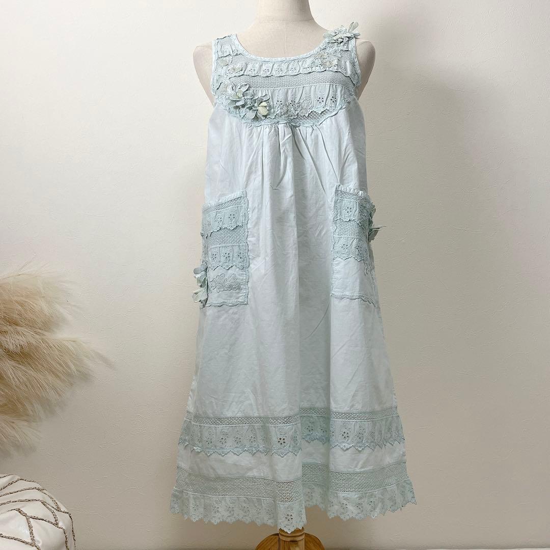 さえら Hischrone エプロン ブルー 薄水色 レース フラワー お花