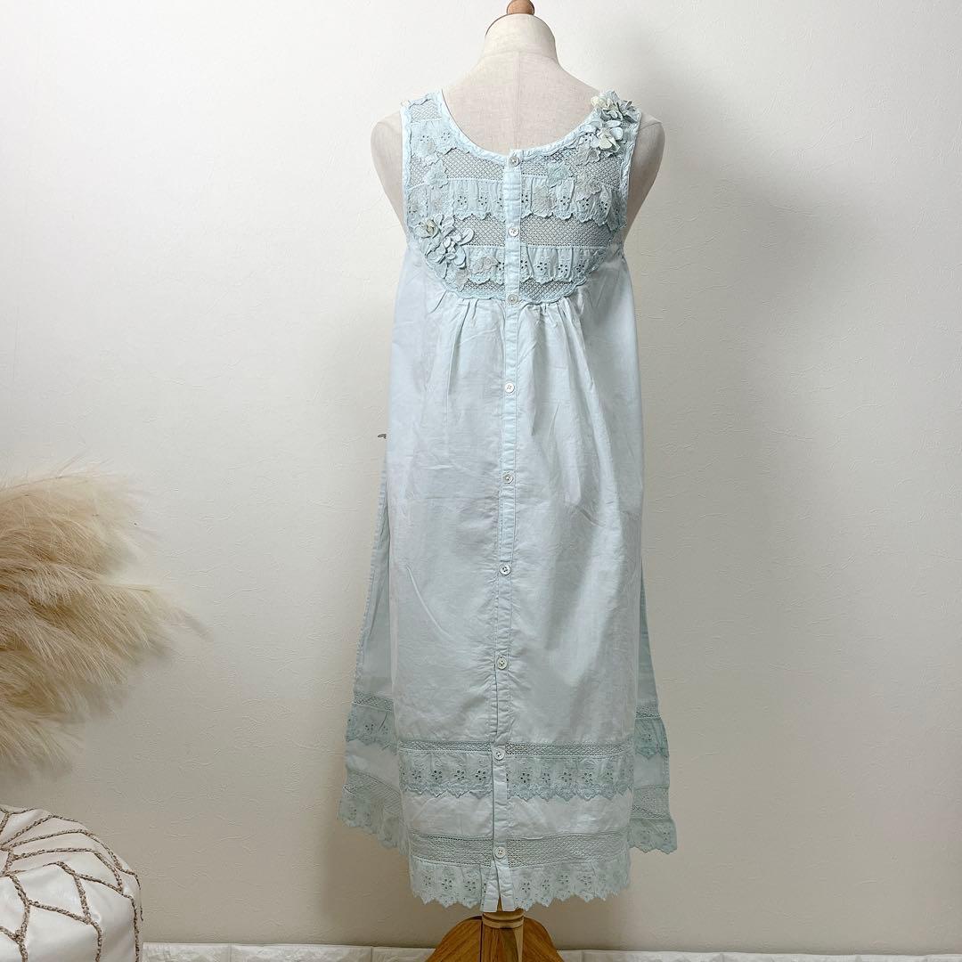 さえら Hischrone エプロン ブルー 薄水色 レース フラワー お花