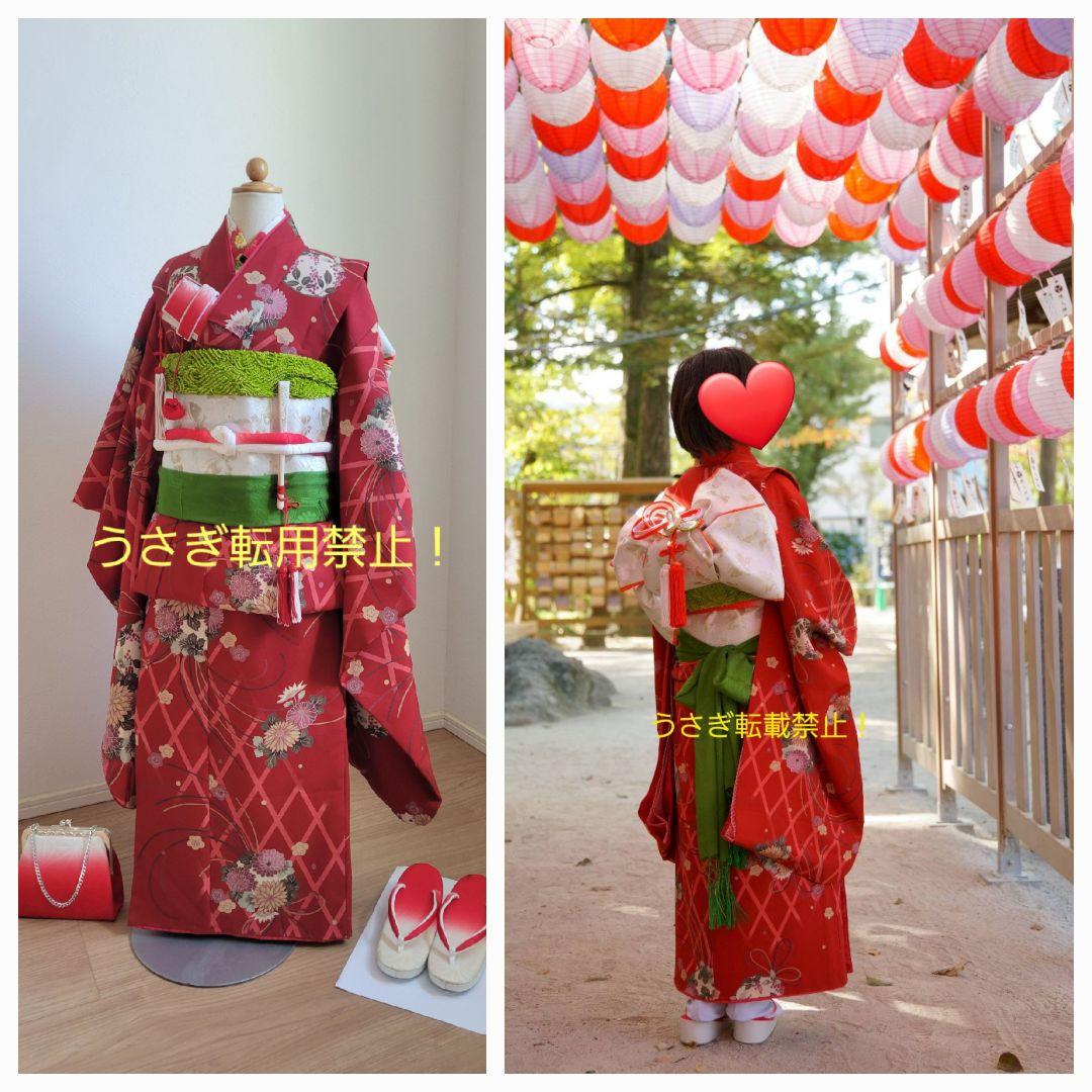 《 レトロ感ある落ち着いた色柄！》七五三　7歳 大正ロマン風 赤い着物フルセット