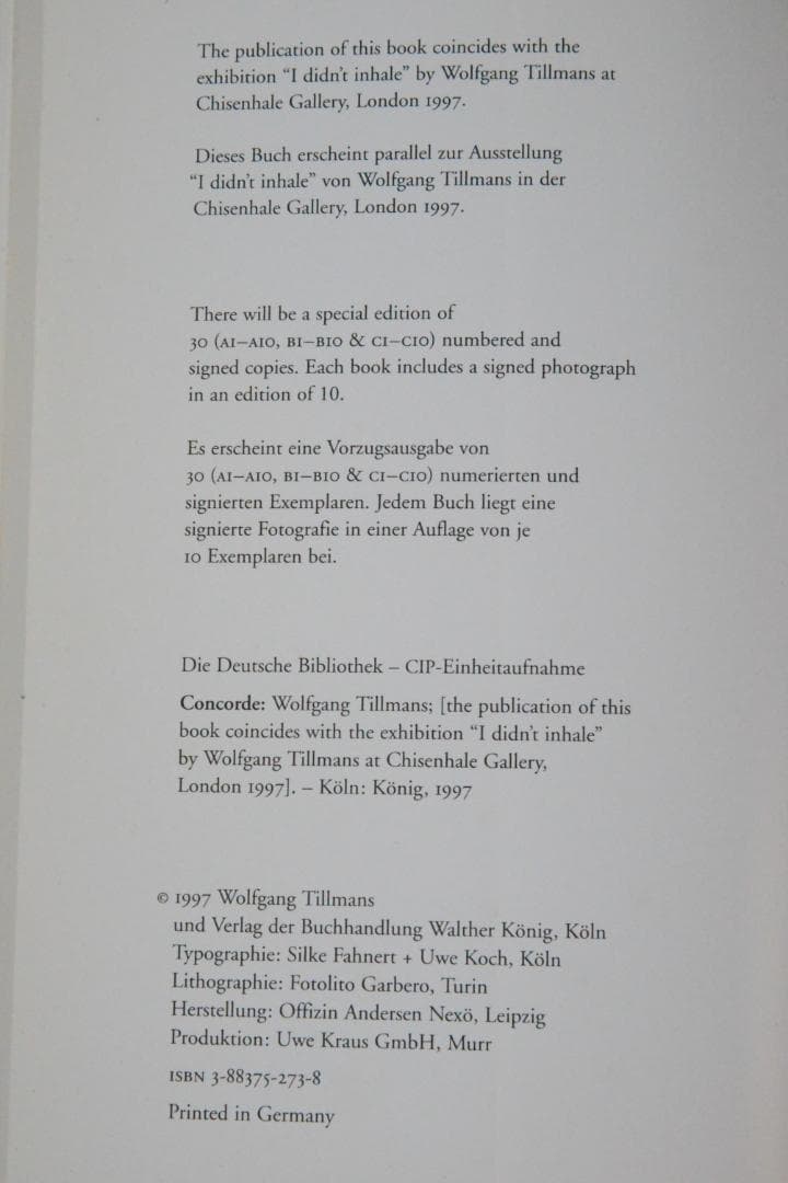 【Concorde：Wolfgang Tillmans】1997年初版　未読品