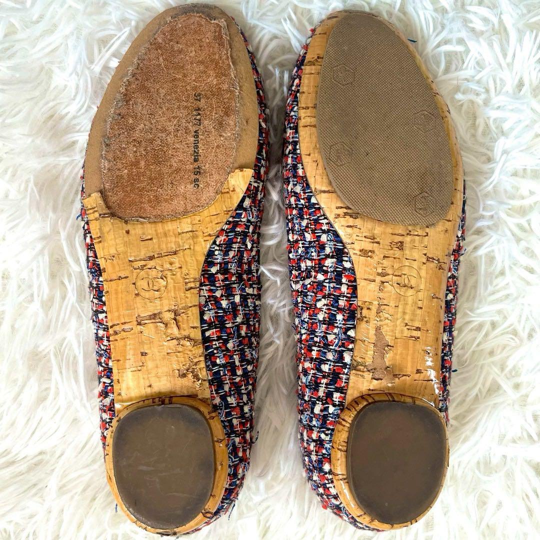 CHANEL フラットパンプス バレエシューズ ツイード ココマーク　37