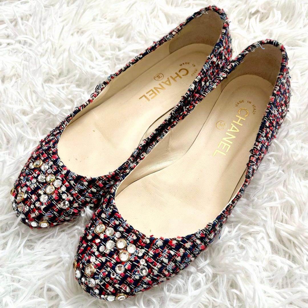CHANEL フラットパンプス バレエシューズ ツイード ココマーク　37