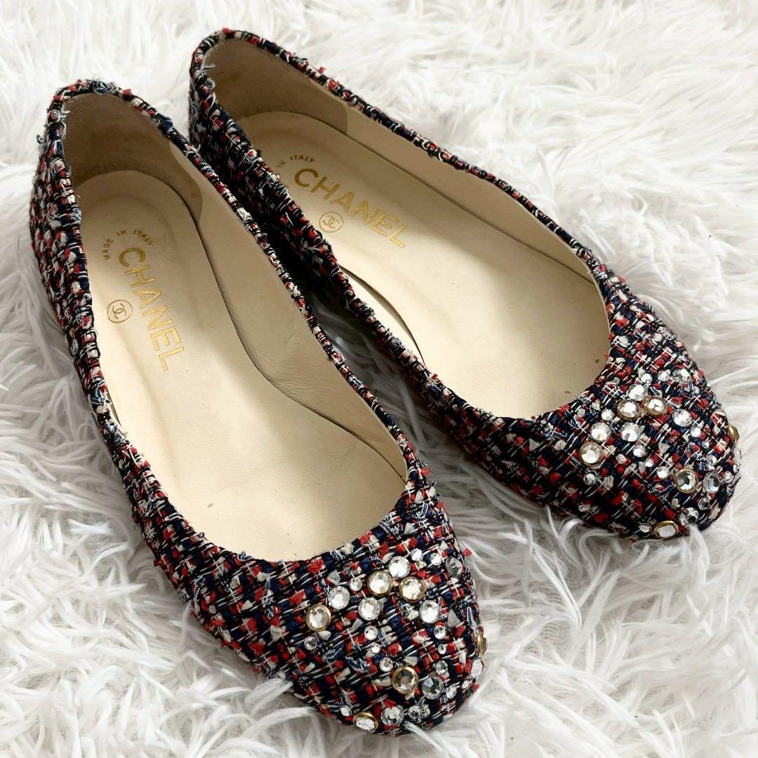 CHANEL フラットパンプス バレエシューズ ツイード ココマーク　37
