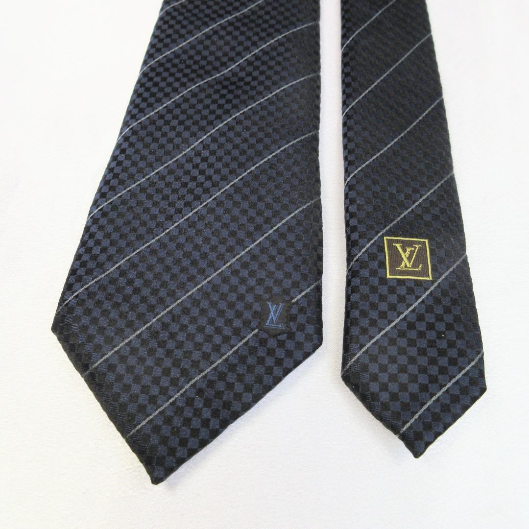 ルイヴィトン　マイクロダミエ　LVロゴ　ストライプ　紺×黒　ネクタイ