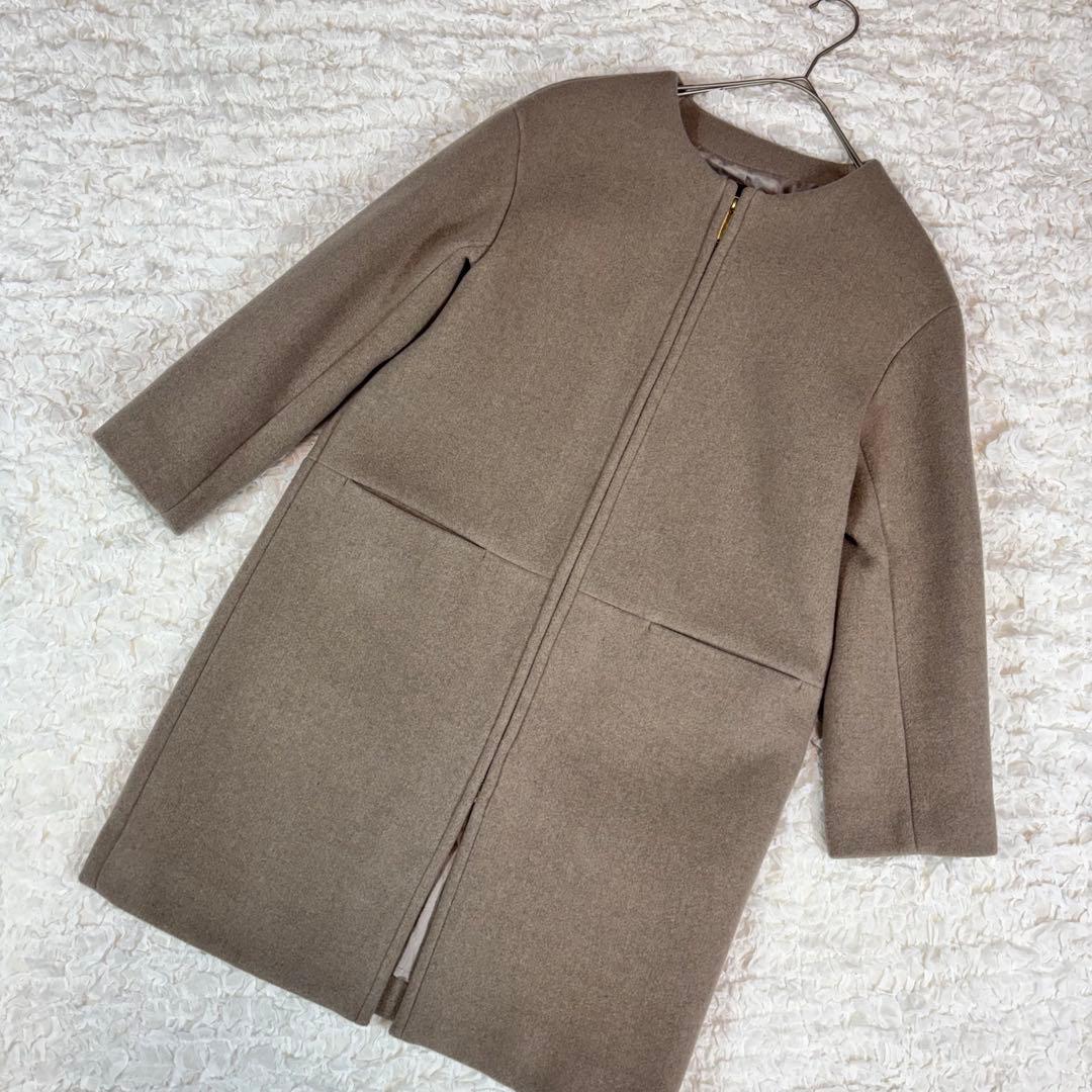 Noble ノーブル ノーカラーコート ジップアップ カシミヤ混 グレージュ