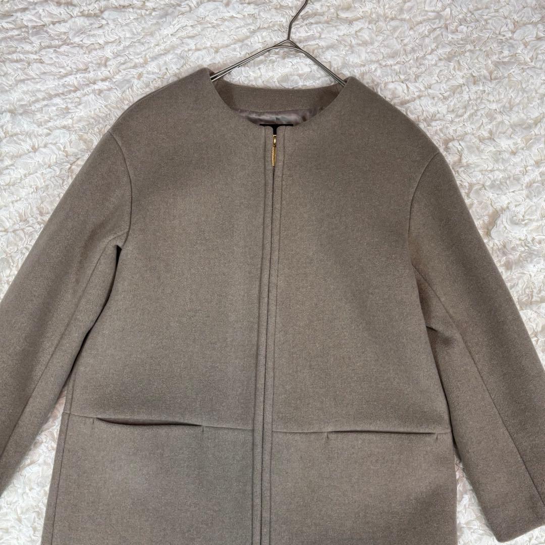 Noble ノーブル ノーカラーコート ジップアップ カシミヤ混 グレージュ