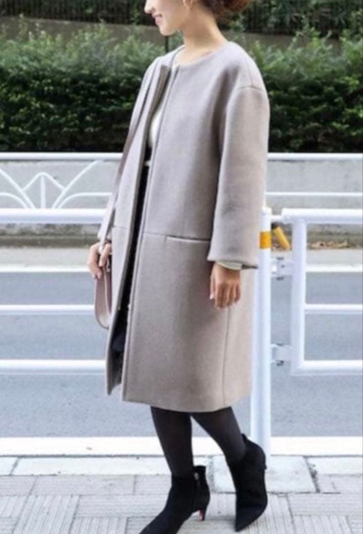 Noble ノーブル ノーカラーコート ジップアップ カシミヤ混 グレージュ