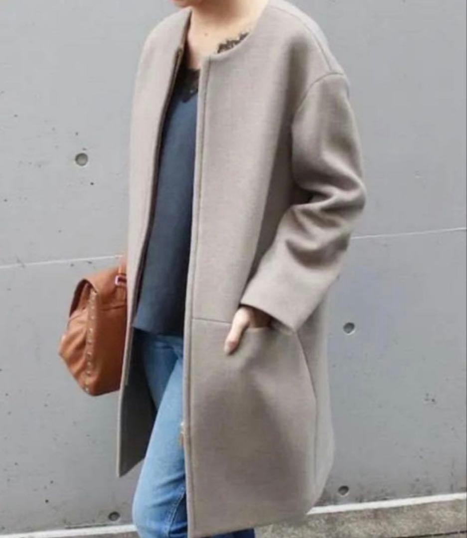 Noble ノーブル ノーカラーコート ジップアップ カシミヤ混 グレージュ