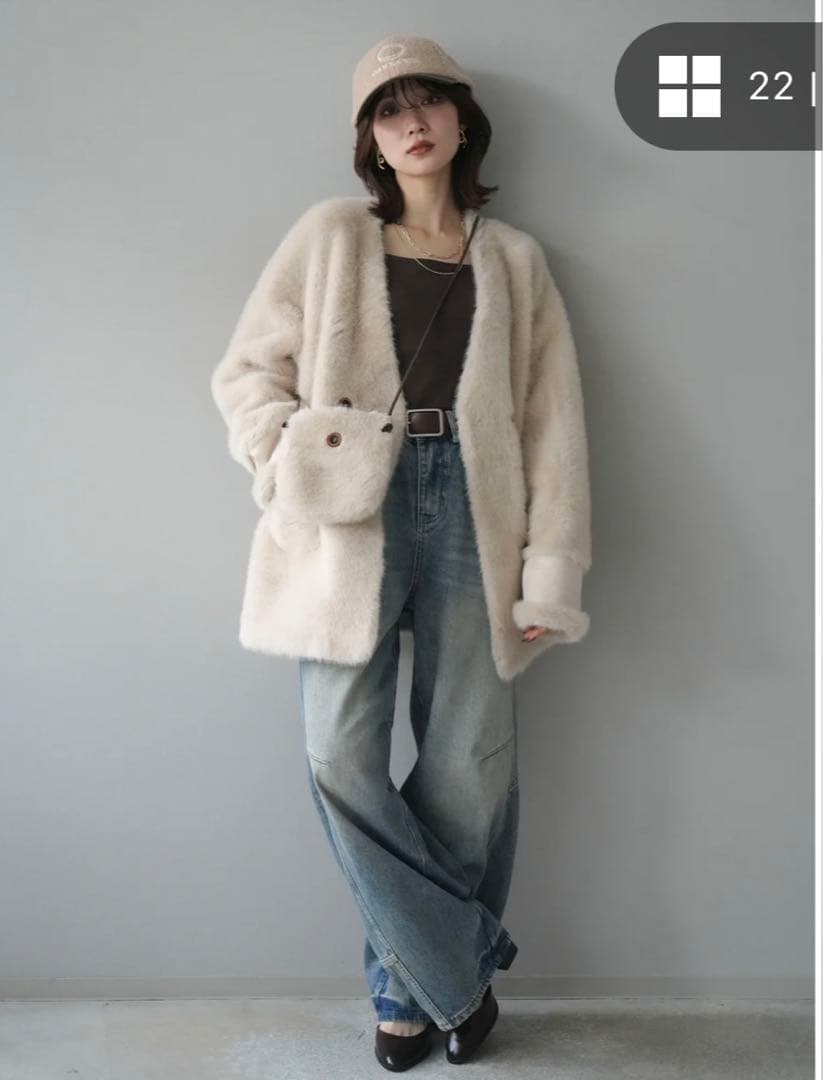 バッグ付エコファーノーカラーコート+ベルト付カーブデニムパンツLumier 新品