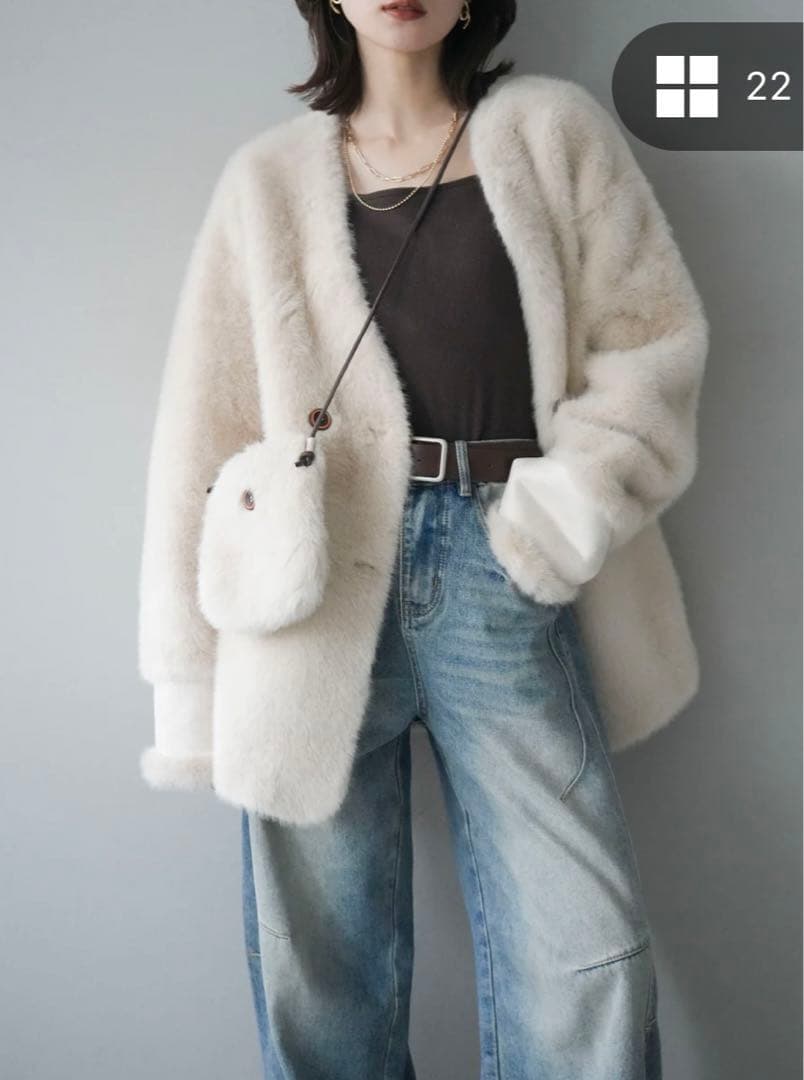 バッグ付エコファーノーカラーコート+ベルト付カーブデニムパンツLumier 新品