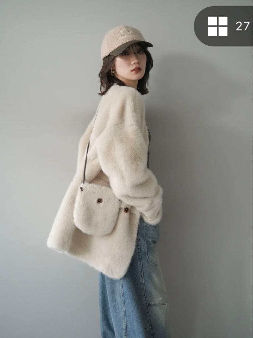 バッグ付エコファーノーカラーコート+ベルト付カーブデニムパンツLumier 新品