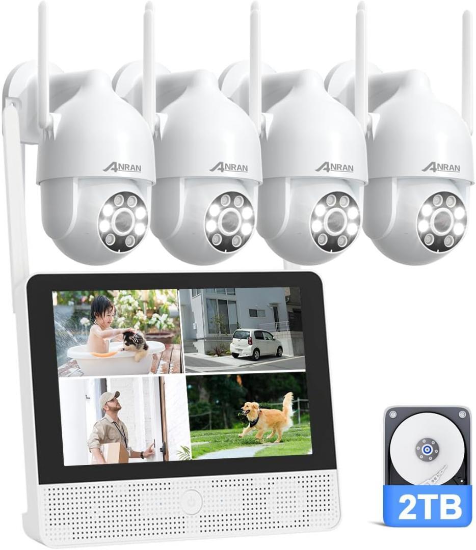 ANRAN ワイヤレス屋外防犯カメラセット 500万画素／360°録画+モニタ付