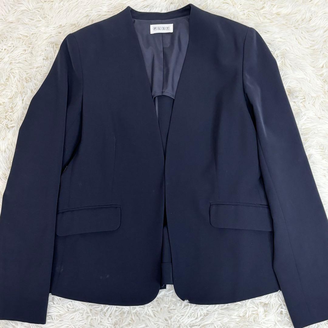 PLST パンツセットアップ　ノーカラー　パンツスーツ　ネイビー