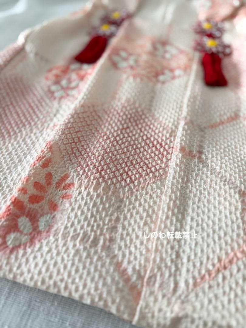 正絹総絞りお被布　巾着セット　亀甲 青海波に花丸紋模様 ベビーピンク×桃