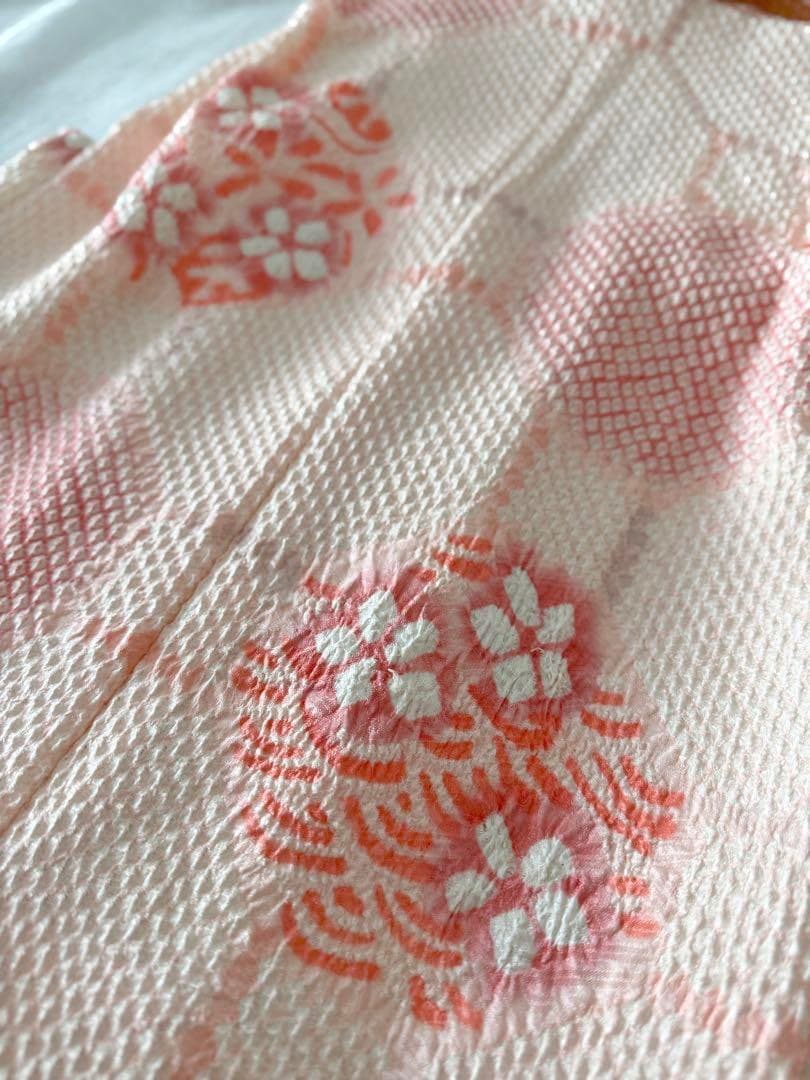 正絹総絞りお被布　巾着セット　亀甲 青海波に花丸紋模様 ベビーピンク×桃