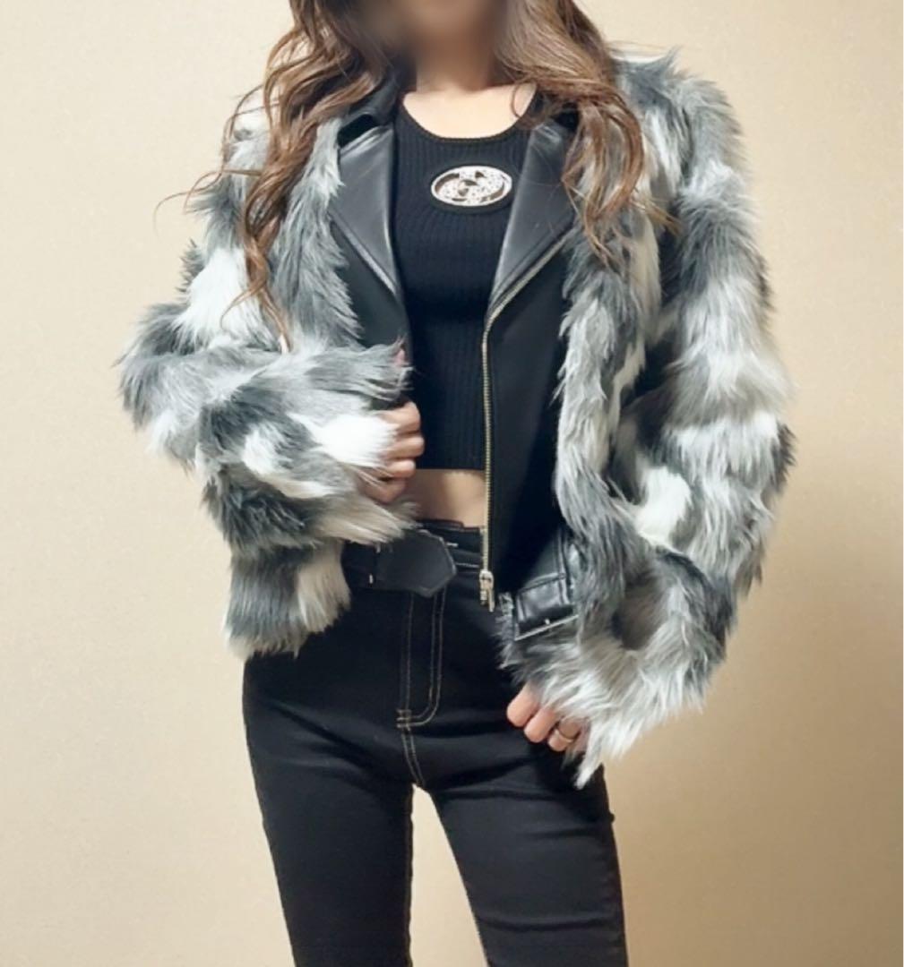 即日発送！GYDA レイヤードエコファーライダースジャケット　ミックス　僅か