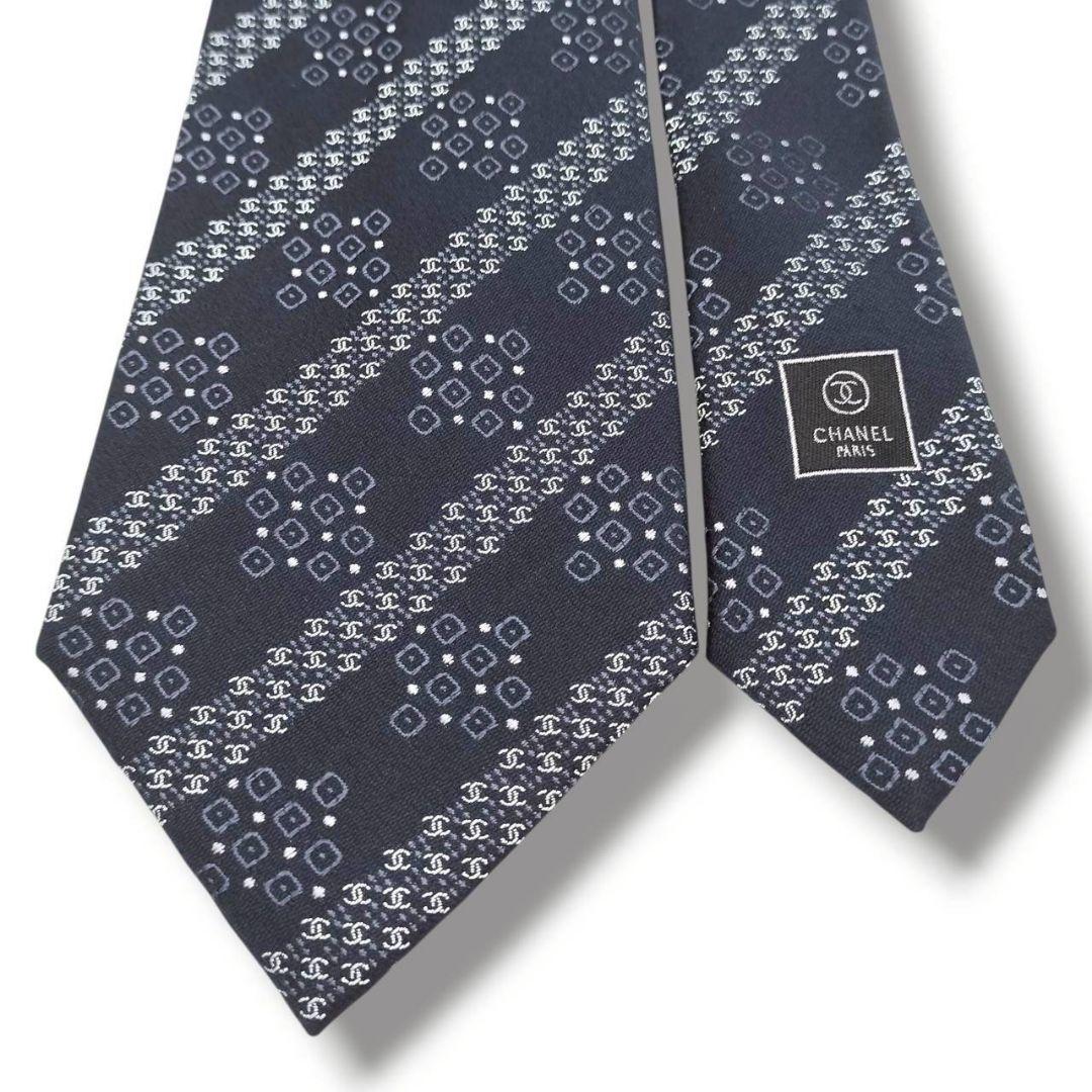 未使用級　現行　シャネル　ココマーク　ジャガード　ストライプ　チェーン　濃紺