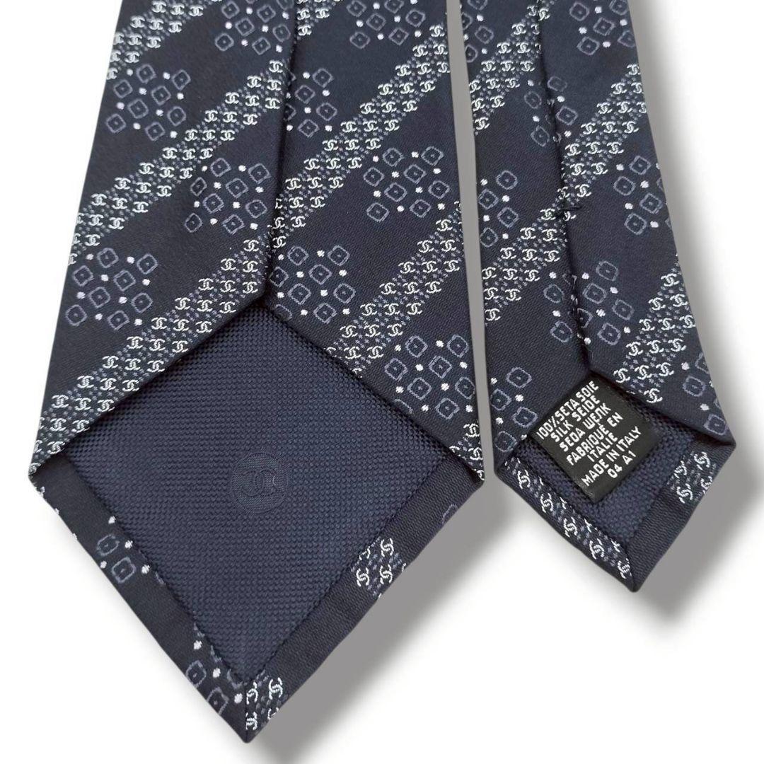 未使用級　現行　シャネル　ココマーク　ジャガード　ストライプ　チェーン　濃紺