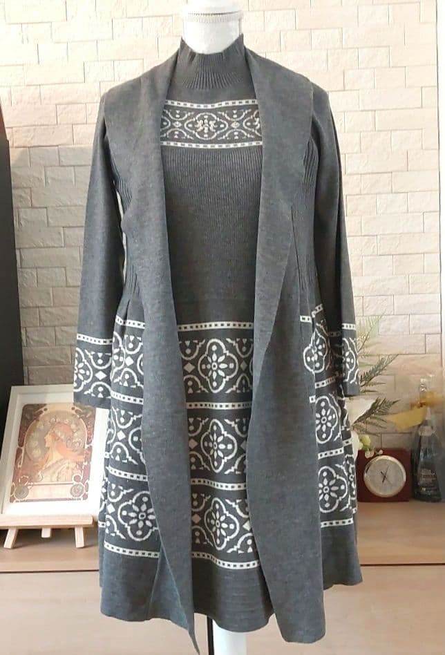 ❣️美品❣️花型モチーフ刺繍ジャガードニットチュニック ワンピースM