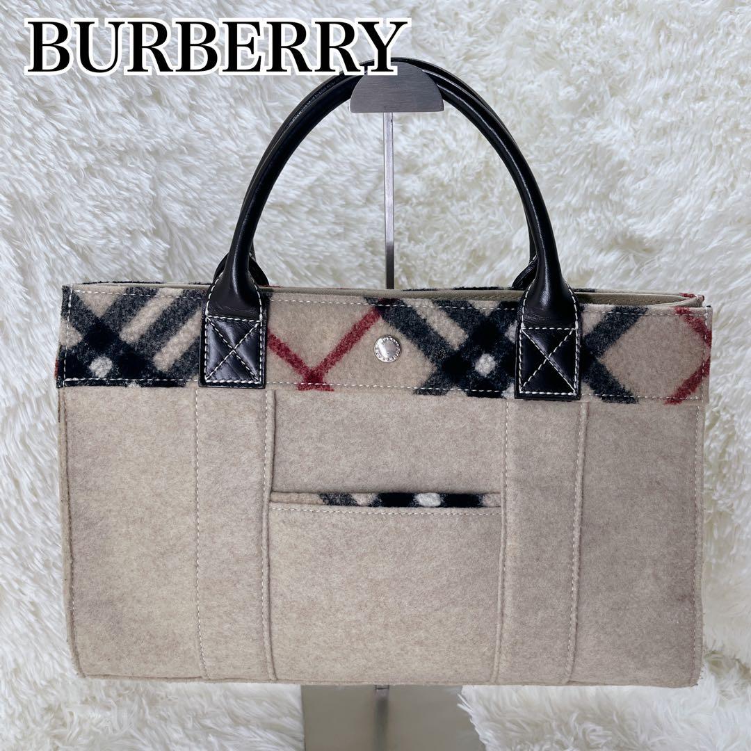 美品 BURBERRY バーバリー ノバチェック レザー ウール トートバッグ