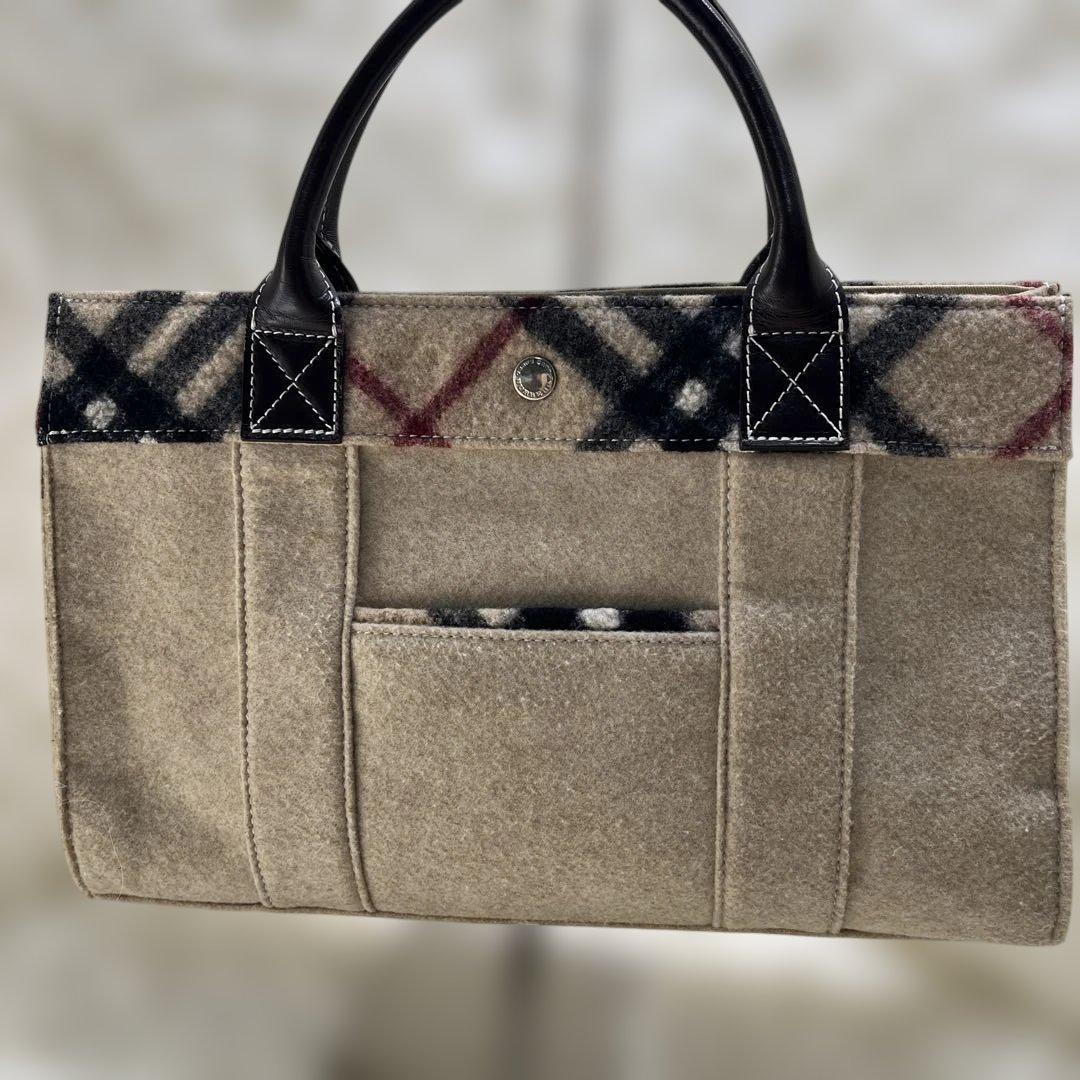 美品 BURBERRY バーバリー ノバチェック レザー ウール トートバッグ