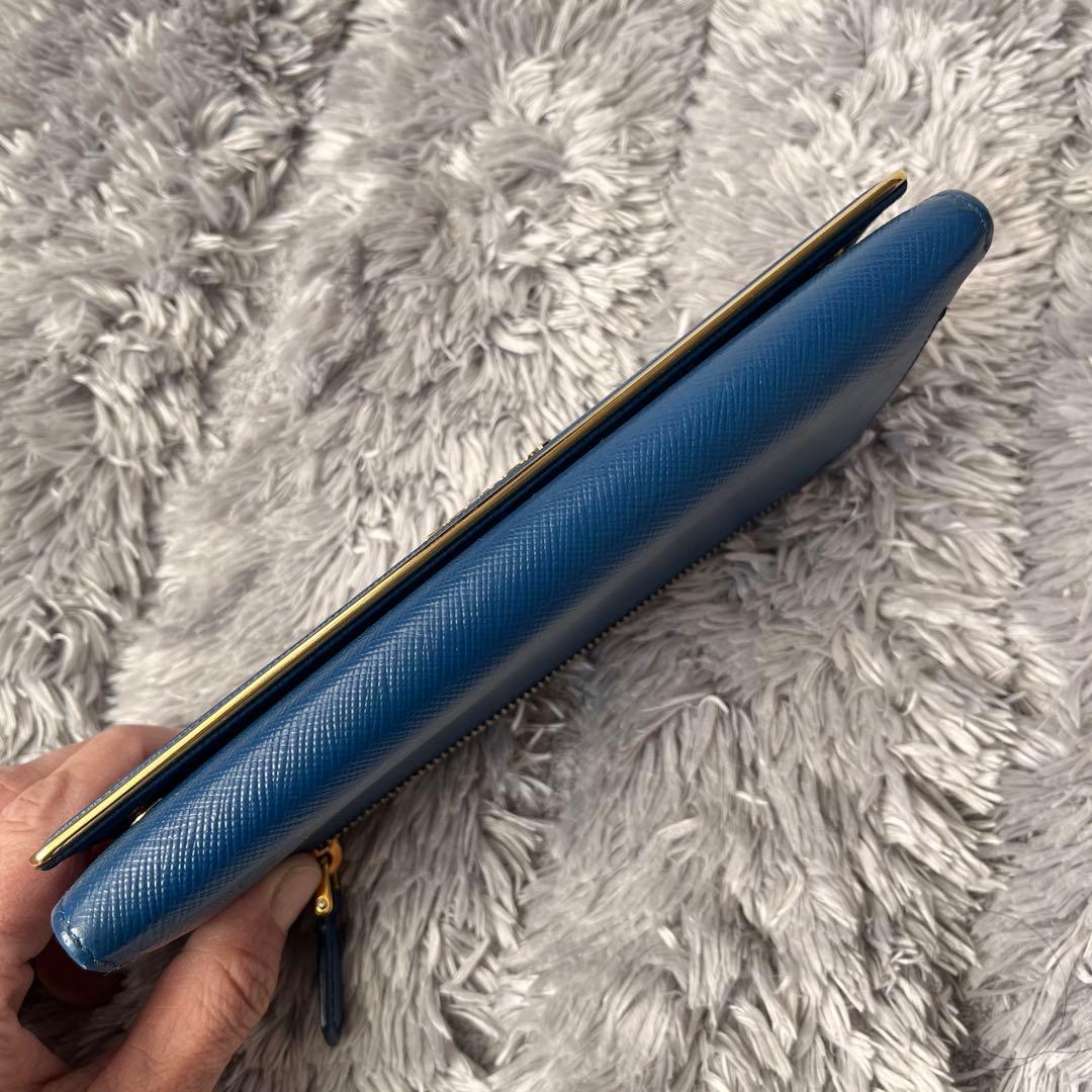 美品✨PRADA サフィアーノ　メタルバー　ネイビー　長財布　メタルロゴ