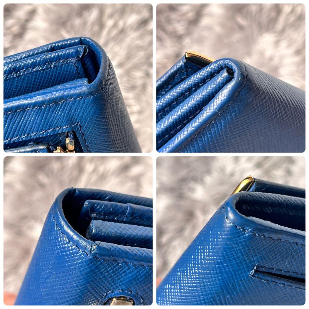 美品✨PRADA サフィアーノ　メタルバー　ネイビー　長財布　メタルロゴ