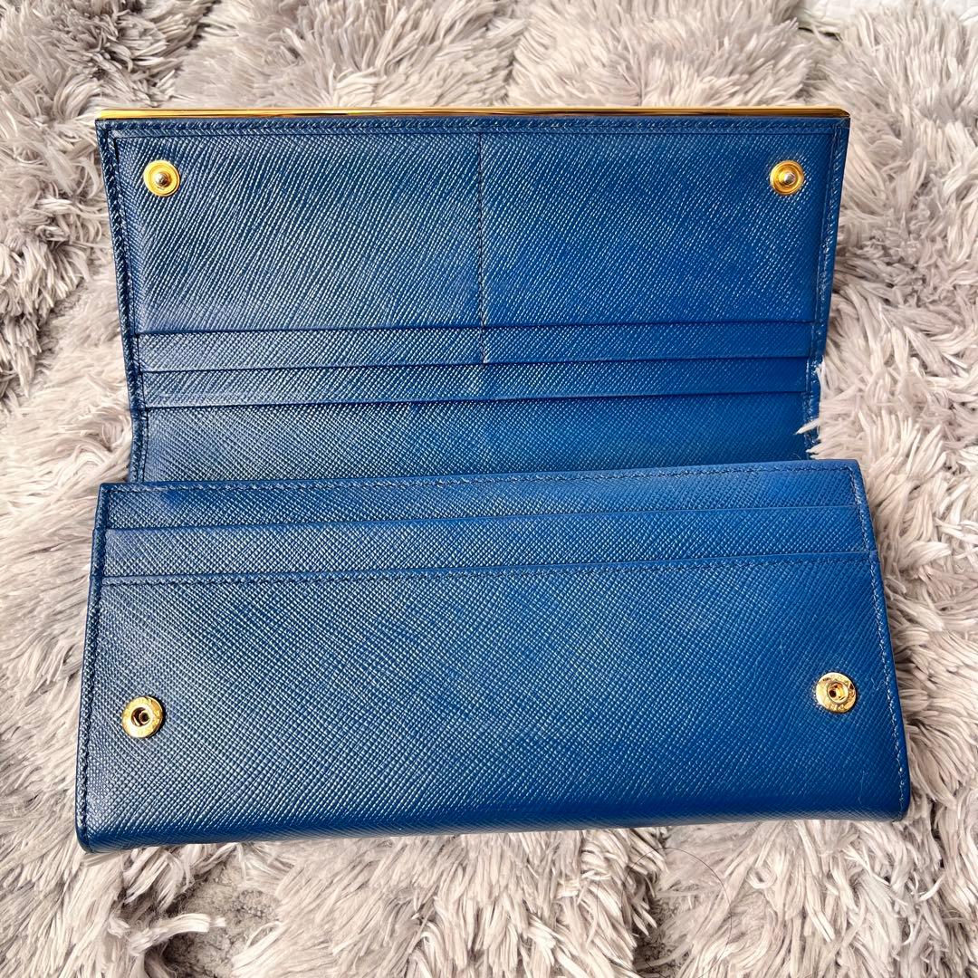 美品✨PRADA サフィアーノ　メタルバー　ネイビー　長財布　メタルロゴ