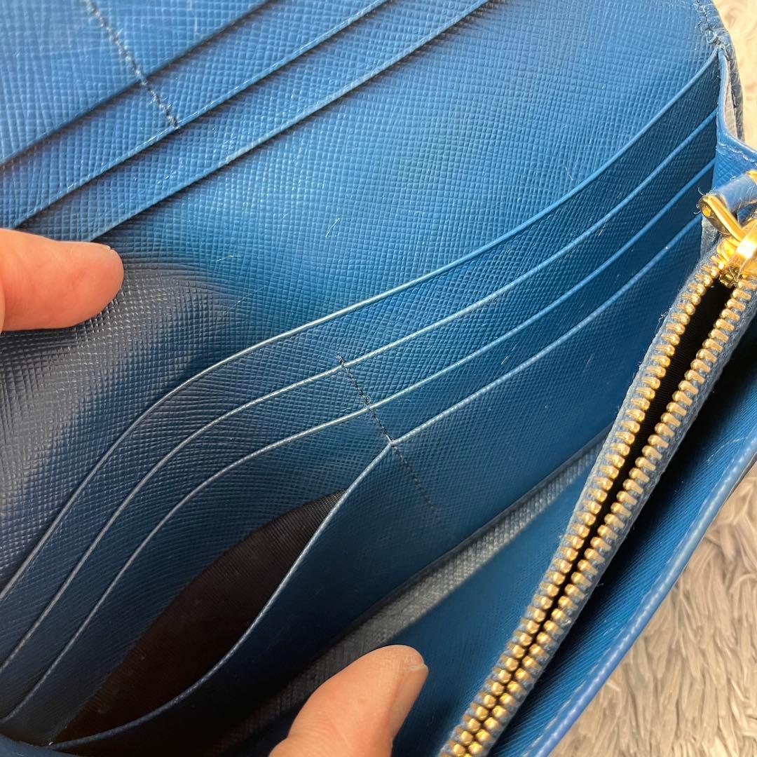 美品✨PRADA サフィアーノ　メタルバー　ネイビー　長財布　メタルロゴ