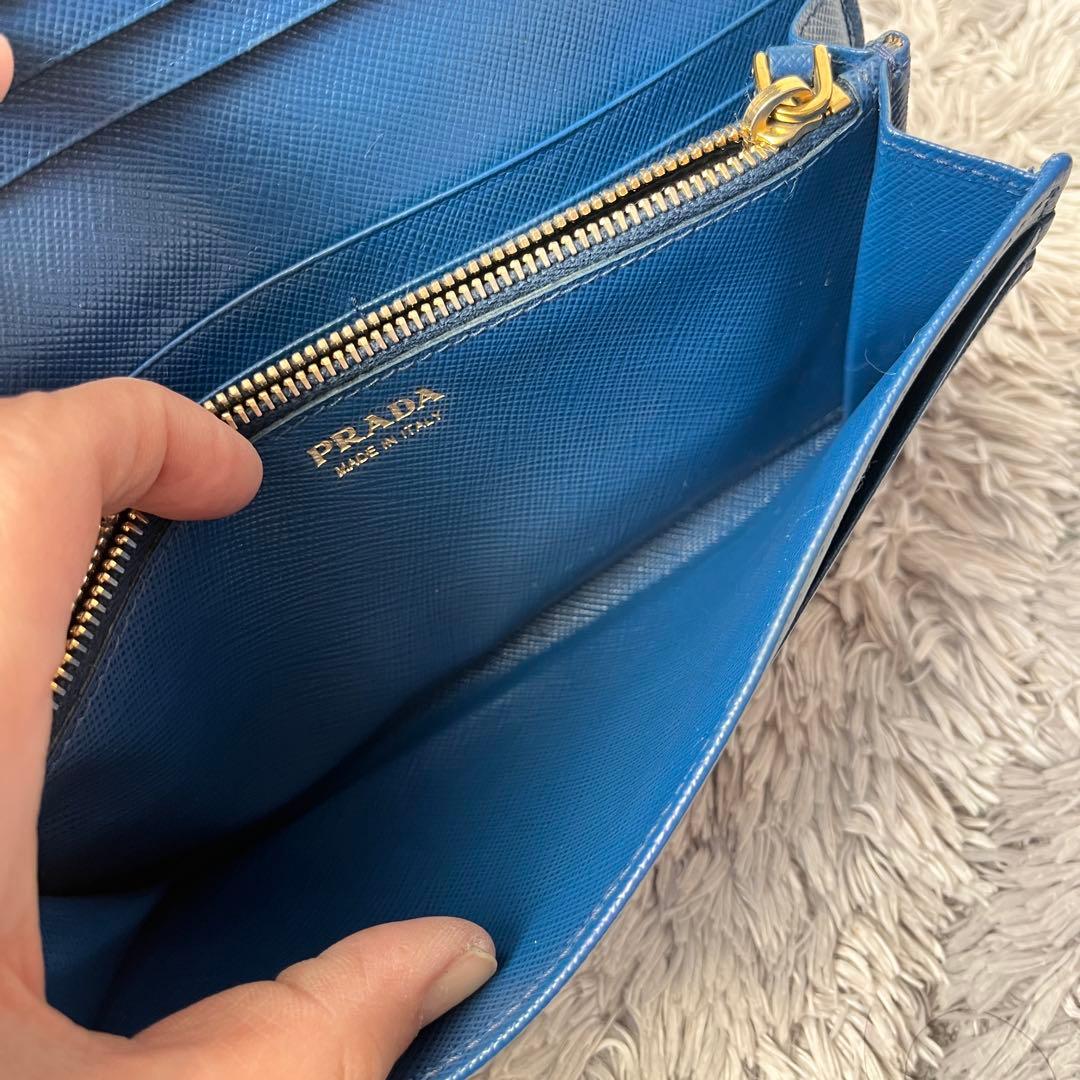 美品✨PRADA サフィアーノ　メタルバー　ネイビー　長財布　メタルロゴ