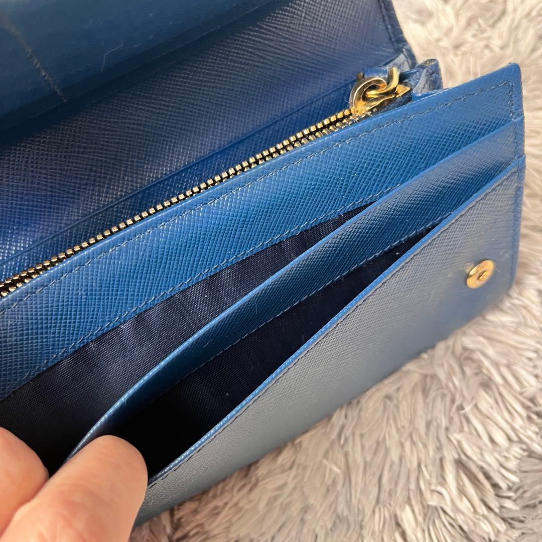 美品✨PRADA サフィアーノ　メタルバー　ネイビー　長財布　メタルロゴ