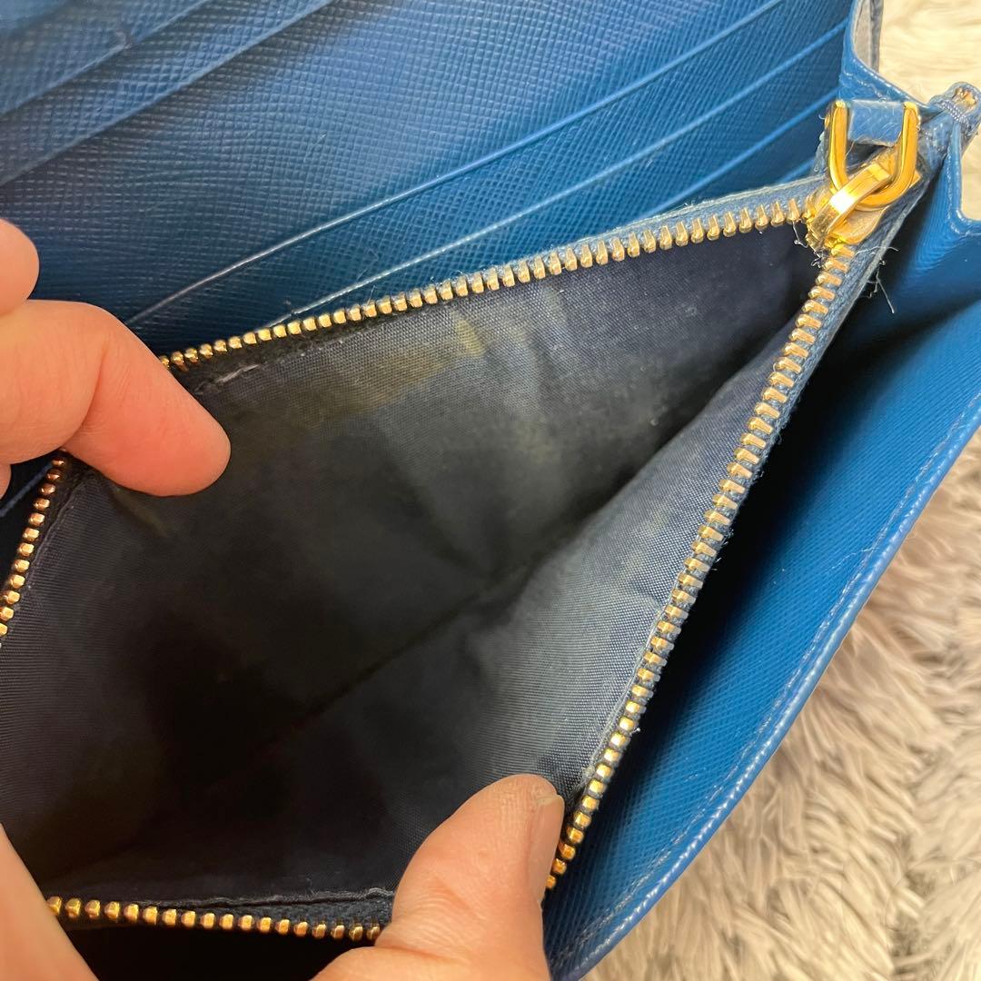 美品✨PRADA サフィアーノ　メタルバー　ネイビー　長財布　メタルロゴ