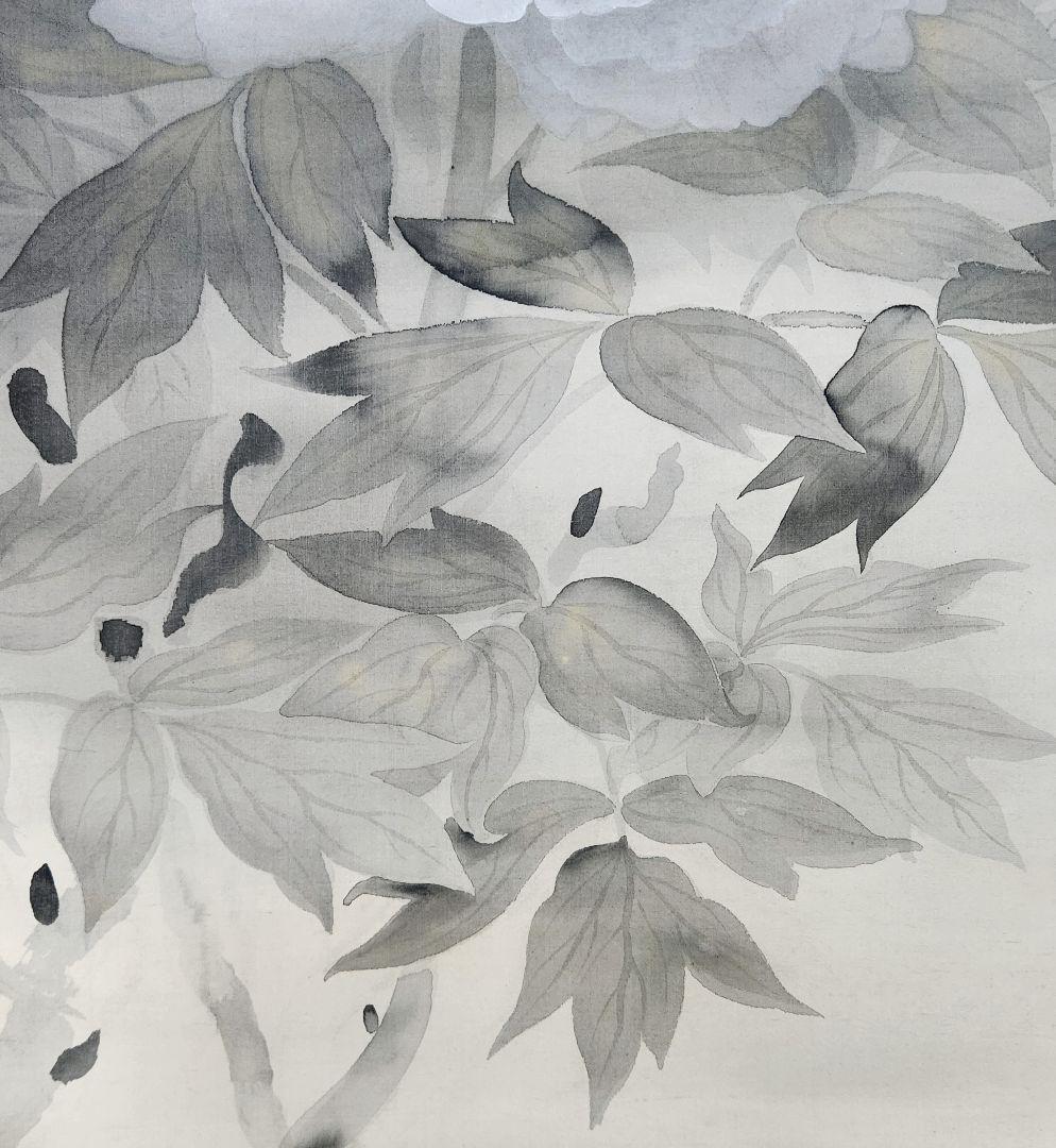 【白牡丹図】山本大慈 2675 ボタン 掛け軸 肉筆