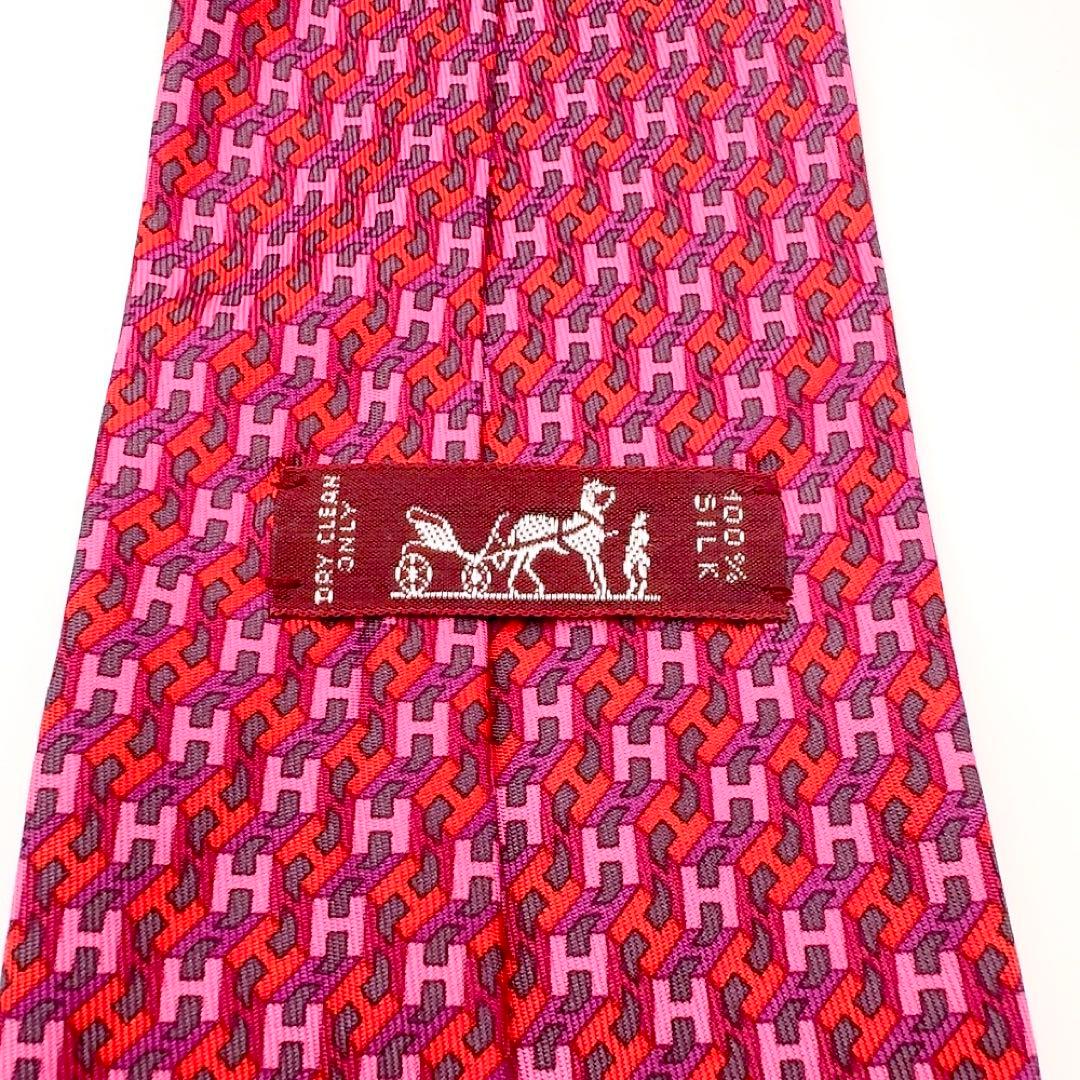 ⭐️SALE⭐エルメス　ネクタイ　赤系　H柄　ファソネH　総柄 シルク100%