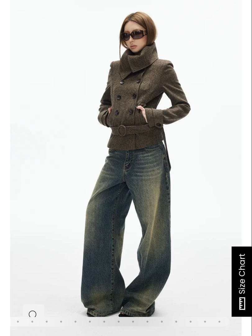 IAMXIAA ウール風ハイネックベルト付きダブルブレストジャケット