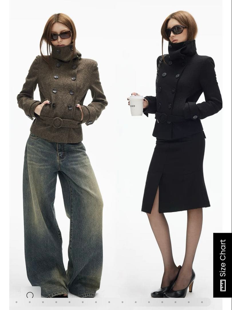 IAMXIAA ウール風ハイネックベルト付きダブルブレストジャケット