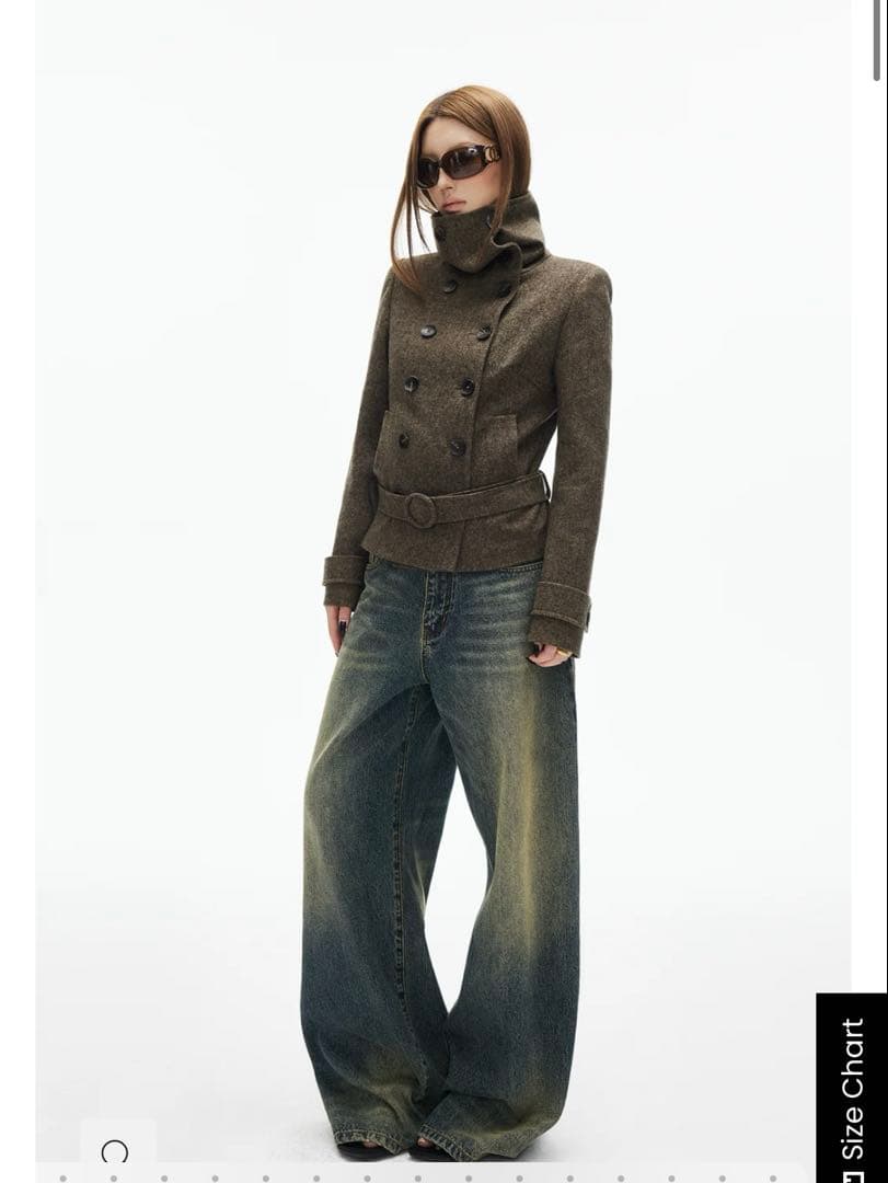 IAMXIAA ウール風ハイネックベルト付きダブルブレストジャケット